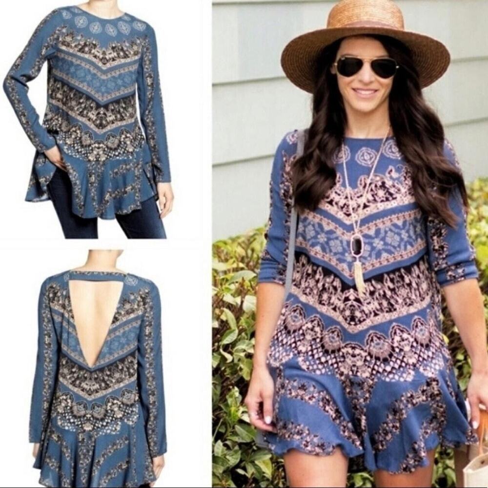 Free People Smooth Talker Tunic Mini Dress Boho Festival Blue Women's Size Large - Picture 16 of 16